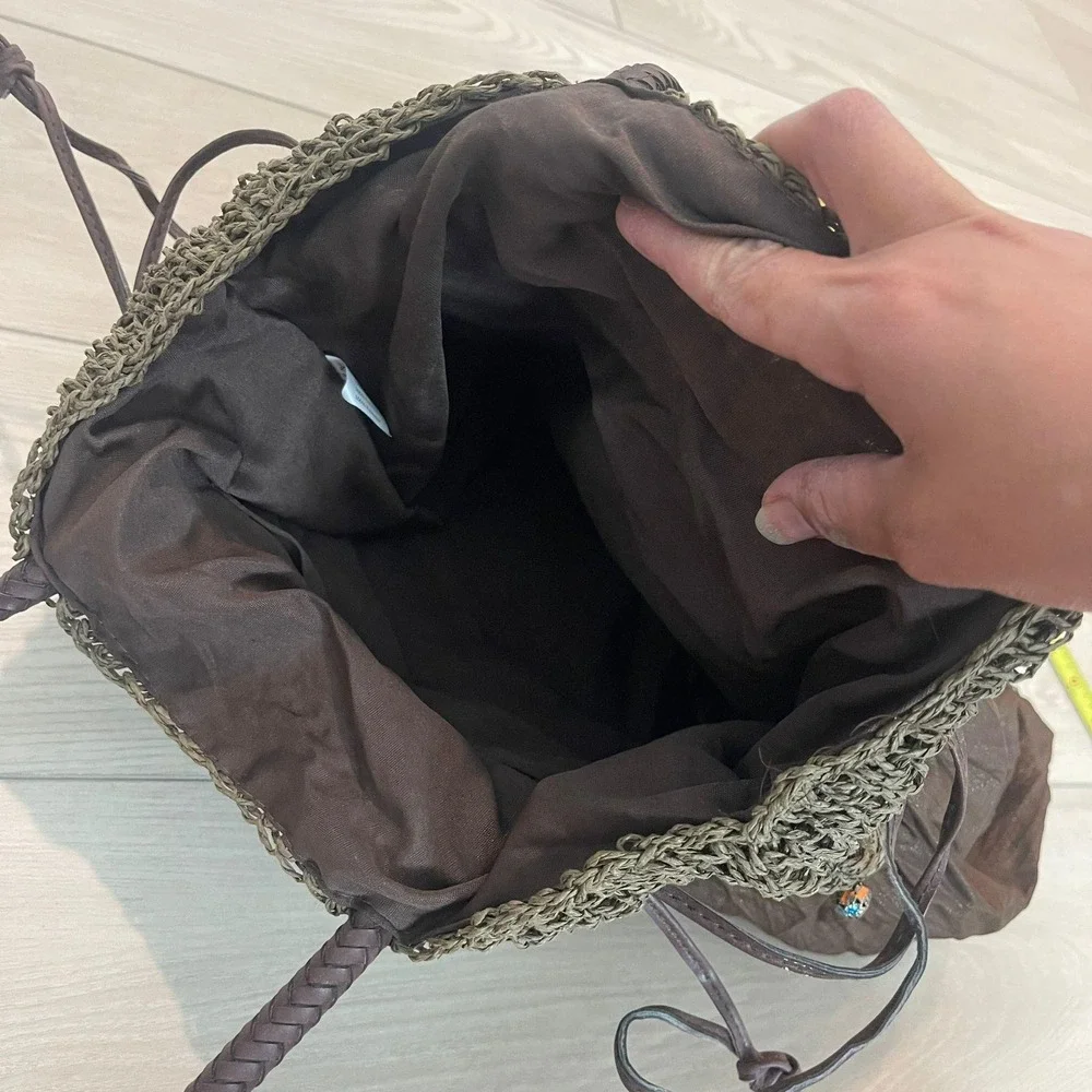 Bohemian Crochet Knit Bag Women Brown Beaded Drawstring Hobo Boho Fairycore Y2k‎